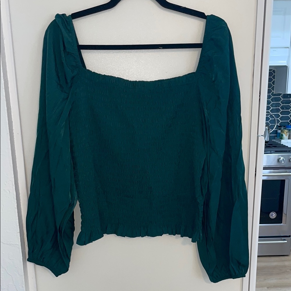 Elegant Smocked Long-sleeve Green Women's Top | XL
